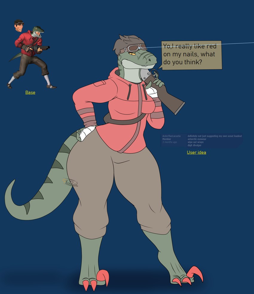 anthro big_butt breasts brown_hair butt clothed clothing eyewear female force_a_nature glasses gun hair holding_object holding_weapon laser_pointer looking_at_viewer ranged_weapon short_hair shotgun small_breasts solo text thick_thighs weapon wide_hips wig photolol.03 team_fortress_2 valve miss-jeanette_(photolol.03) scout_(team_fortress_2) dinosaur dromaeosaurid prehistoric_species reptile scalie theropod velociraptor english_text hi_res