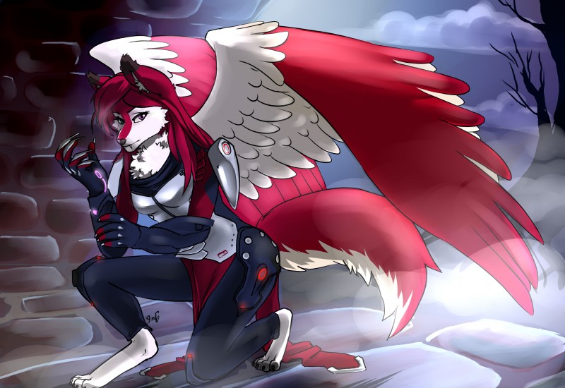 anthro armor biped clothing fangs feathered_wings feathers female fluffy fluffy_tail fur glowing green_eyes hair heterochromia kneeling night purple_eyes red_body red_fur red_hair solo tail teeth wings krazyelf koyu_ruh moira_(overwatch) canid canine fox half-vampire mammal hi_res