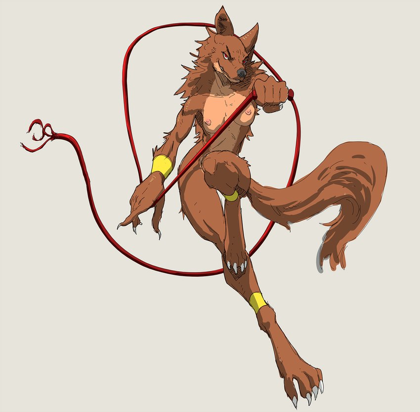 4_toes 5_fingers action_pose anklet anthro black_nose bracelet breasts brown_body brown_fur claws digitigrade feet female finger_claws fingers front_view fur grey_background half-closed_eyes holding_object holding_weapon holding_whip jewelry looking_at_viewer medium_breasts narrowed_eyes nipples nude pink_nipples pose red_eyes simple_background smile smirk solo tan_body tan_fur toe_claws toes weapon whip white_claws scuotivento mythology vampire_survivors minnah_mannarah canid canine canis mammal mythological_canine mythological_creature were werecanid werecanine werewolf wolf 2022 hi_res