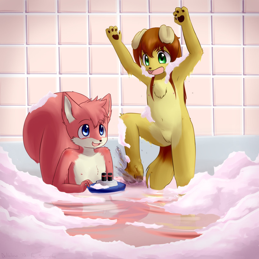 anthro bathing bathtub blue_eyes brown_hair bubble chest_tuft duo female flat_chested genitals green_eyes hair nipples nude pussy tuft water young young_anthro delicious_(artist) pepper_(ketsa) canid canine canis domestic_dog fox hybrid mammal rodent sciurid tree_squirrel 1:1 absurd_res hi_res