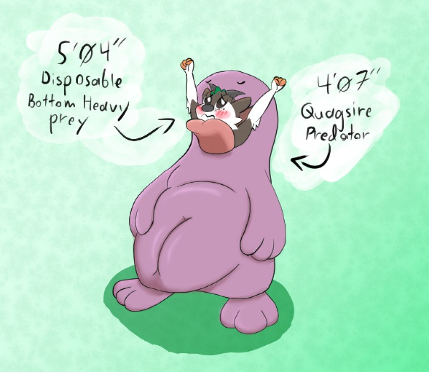 abdominal_bulge anthro anthro_prey blush casual_vore coral_the_skiddo duo female female_prey feral feral_pred feral_predator nervous simple_background text tongue vore willing_prey tub_art nintendo pokemon generation_2_pokemon generation_6_pokemon pokemon_(species) quagsire skiddo english_text