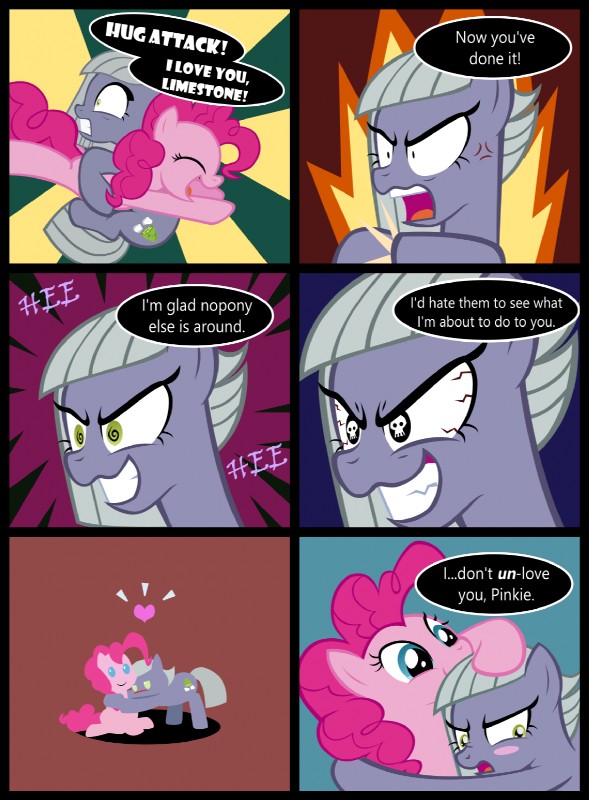 angry blush cutie_mark dialogue duo female feral hair hug text magerblutooth friendship_is_magic hasbro my_little_pony limestone_pie_(mlp) pinkie_pie_(mlp) earth_pony equid equine horse mammal pony 2019 comic english_text hi_res