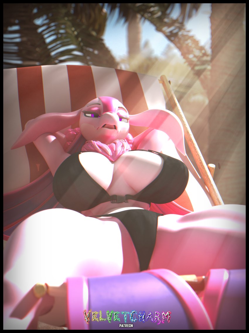 anthro beach big_breasts bikini black_border border breasts clothing curvy_figure female fluffy fluffy_chest lounging solo spread_legs spreading sunbathing sunrays swimwear two-piece_swimsuit voluptuous conditional_dnp velvet_charm mayosplash_(modeler) blender_cycles palworld pocketpair lovander pal_(species) 2024 3d_(artwork) blender_(artwork) digital_media_(artwork) hi_res