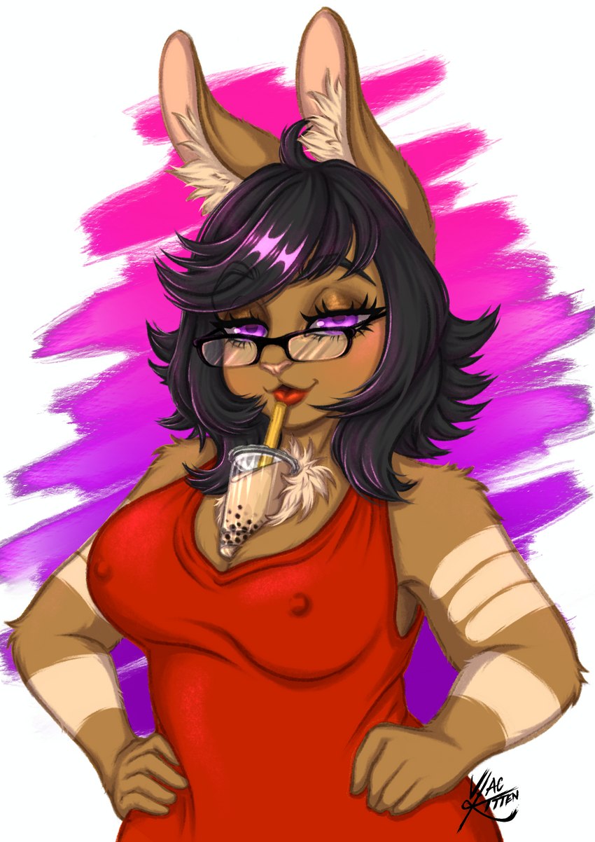 abstract_background anthro beverage black_hair breasts brown_body brown_fur chest_tuft cleavage clothed clothing dress eyelashes eyewear female fluffy fur fur_markings glasses hair inner_ear_fluff lipstick long_ears long_hair makeup markings mature_female narrowed_eyes nipple_outline pink_nose purple_eyes red_clothing red_dress smug_face solo tuft vlackitten hands-free_bubble_tea janice_flynn lagomorph leporid mammal rabbit 2019 absurd_res hi_res meme signature