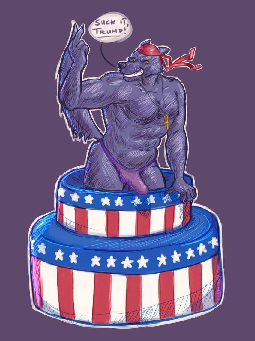 american_flag ankh ankh_necklace anthro black_body black_fur bulge cake clothing dessert detailed_bulge food fur genital_outline gesture grin hand_gesture jewelry kerchief male middle_finger muscular muscular_anthro muscular_male necklace penis_outline politics purple_clothing purple_thong purple_underwear raised_tail red_kerchief smile solo tail text thong underwear united_states_of_america alexyorim democrat lupine_assassin canid canine canis mammal wolf 3:4 english_text hi_res