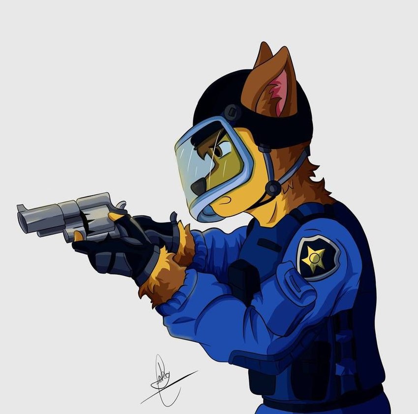 anthro bulletproof_vest clothing gloves gun handgun handwear holding_gun holding_handgun holding_object holding_ranged_weapon holding_revolver holding_weapon male police police_helmet police_uniform ranged_weapon revolver simple_background solo uniform weapon white_background shein07_(artist) nickelodeon paw_patrol chase_(paw_patrol) canid canine canis domestic_dog german_shepherd herding_dog mammal pastoral_dog unavailable_at_source