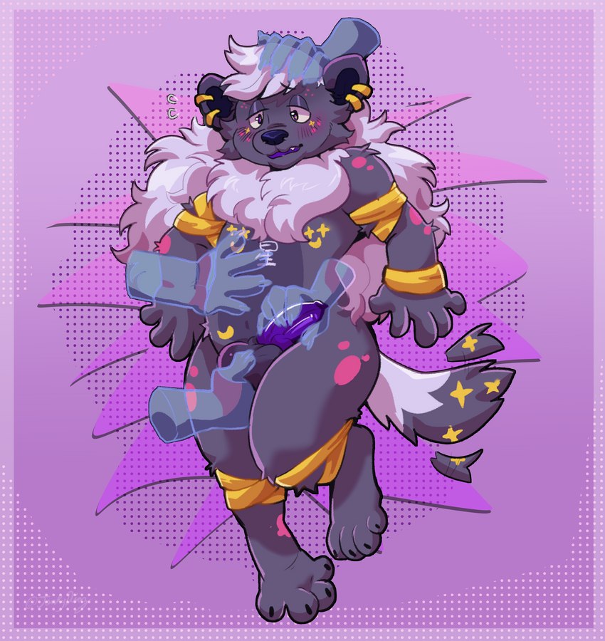 anthro astra_hyena blush disembodied_hand excited feeling_up fur genitals ghost_hand hair jewelry knot lying male markings on_back penis purple_body purple_eyes purple_fur purple_hair purple_penis solo spots star_(marking) tail tail_motion tailwag jonky hyena mammal hi_res