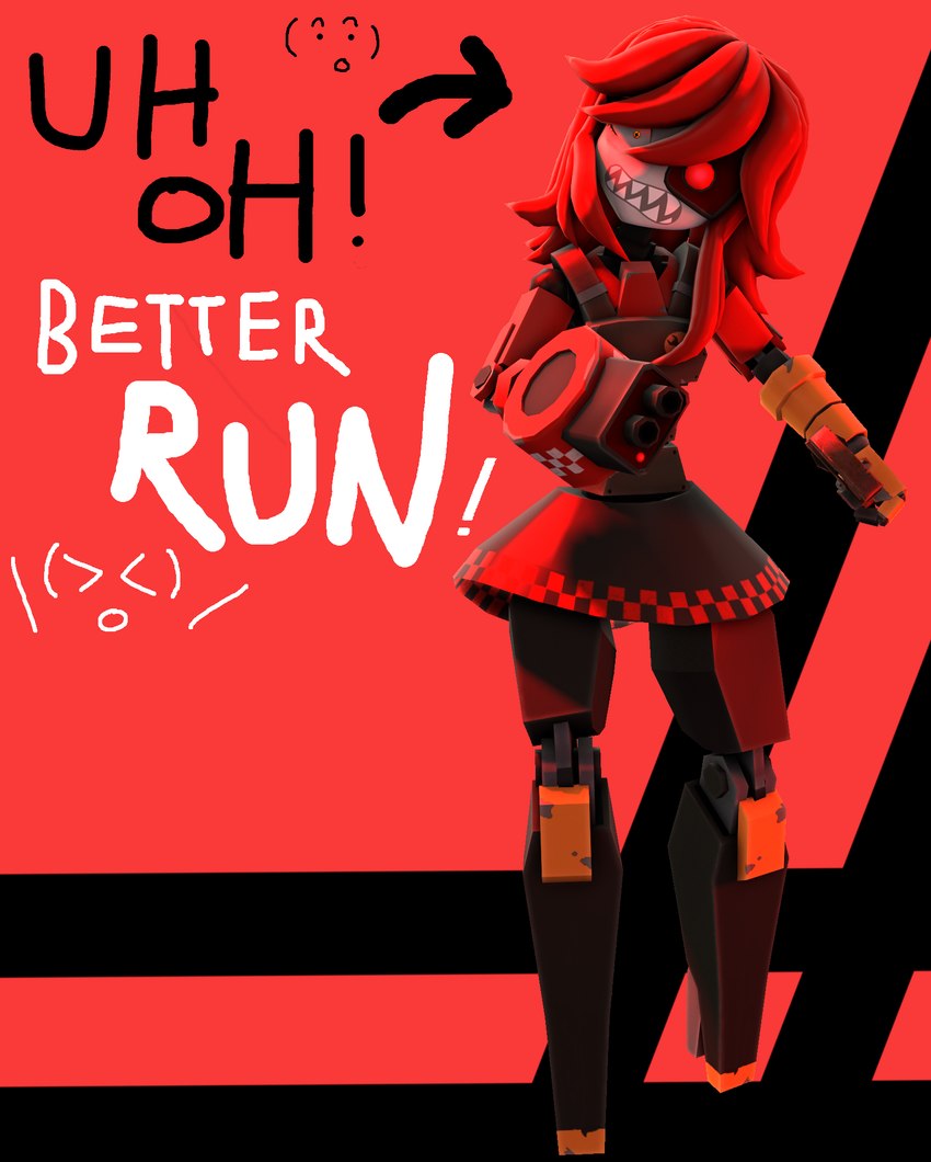 bottomwear clothing constricted_pupils female gun_arm hair kaomoji looking_at_viewer machine melee_weapon not_furry pupils ranged_weapon red_background red_hair red_light sharp_teeth simple_background skirt small_pupils solo teeth text tools weapon wrench bull3t team_fortress_2 valve mimi_sentry sentry_gun_(team_fortress_2) humanoid robot robot_humanoid 3d_(artwork) digital_media_(artwork) english_text hi_res