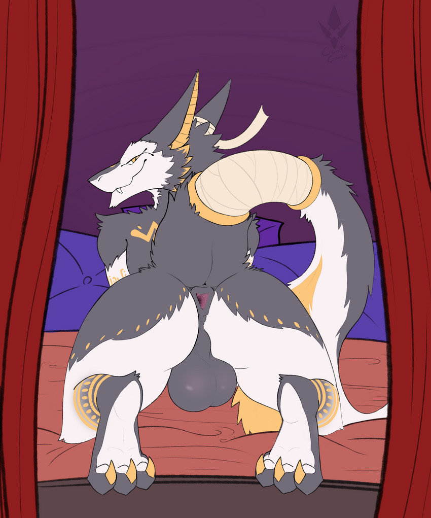 anthro anus backsack balls black_body black_fur egyptian fur gaping gaping_anus genitals gold_markings inviting looking_back male markings paws presenting smug solo tail white_body white_fur covertcanine king_manu sergal absurd_res hi_res