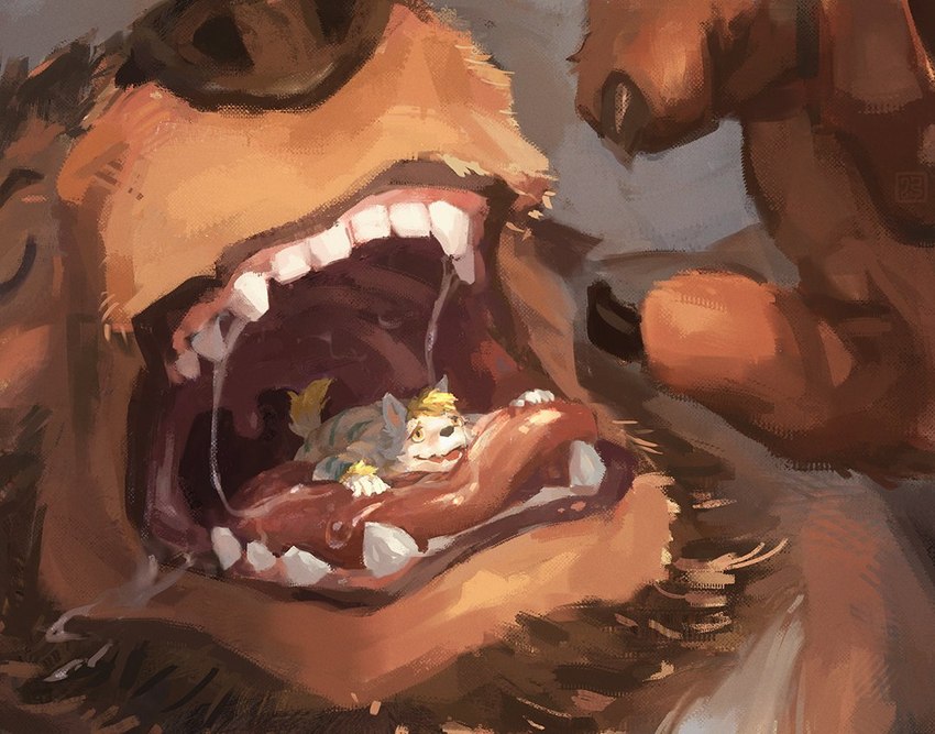 anthro beard bodily_fluids duo eyes_closed facial_hair feet_first imminent_oral_vore imminent_vore male male/male mouth_shot on_tongue open_mouth saliva saliva_string sharp_teeth snout teeth uvula vore willing_prey comfei_puppy bear canid canine canis mammal wolf