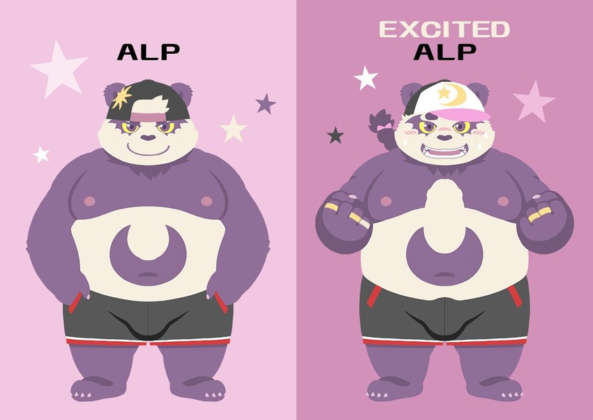 anthro belly big_belly blush bodily_fluids bulge clothing fur hat headgear headwear kemono male moobs nipples overweight overweight_anthro overweight_male penis_drawing purple_background purple_body purple_fur simple_background solo sweat underwear white_body white_fur nekomarudon tanukimaru lifewonders tokyo_afterschool_summoners alp_(tas) bear giant_panda mammal 2021