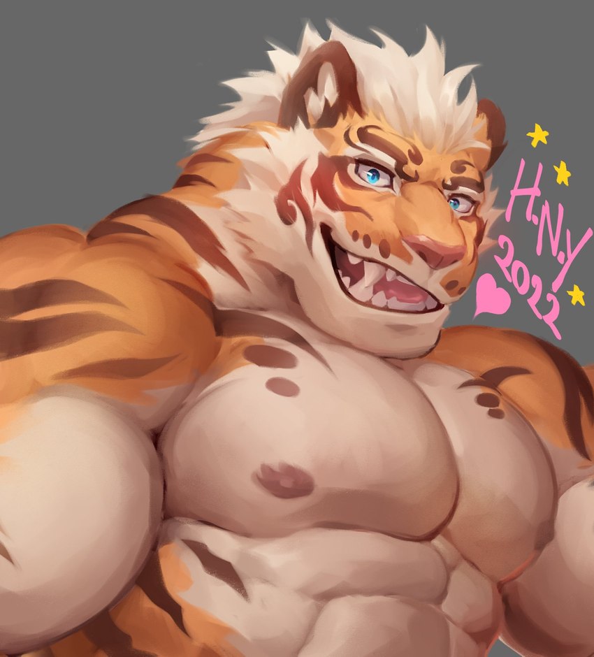 abs anthro biceps blue_eyes countershading fangs fur hair holidays male multicolored_body multicolored_fur muscular muscular_anthro muscular_male nipples open_mouth orange_body orange_fur pecs pink_nose short_hair solo striped_body striped_fur stripes tan_body tan_fur teeth two_tone_body two_tone_fur white_hair physen nekojishi new_year studio_klondike lin_hu felid mammal pantherine tiger 2021 hi_res