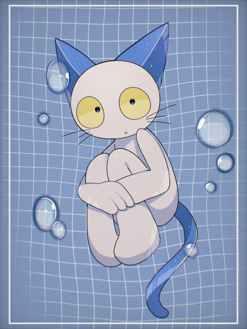 :o anthro blue_background blue_ears blue_tail bubble cat_tail checkered checkered_background fur holding_own_knees hugging_legs looking_at_viewer male open_mouth pattern_background simple_background solo tail whiskers white_body white_fur yellow_sclera mimaru_x30 neko_no_teach-kun oyasaioni9 teach domestic_cat felid feline felis mammal 3:4 hi_res