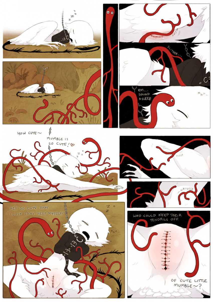 ambiguous_anthro ambiguous_feral ambiguous_gender anthro bdsm black_straitjacket black_tail blood bodily_fluids bondage bound caressing chain chain_leash chained detailed_background dialogue duo eyes_closed feathers feral fur grope leash lying navel null on_side open_mouth outside parasite push_(sound_effect) questionable_consent red_body restrained restraints rock sewn_crotch sex sleep_molestation sleep_sex sleeping sound_effects stitch_(sewing) straitjacket surgical_suture tail talking_to_another tendrils tentacles tethered text vowelless vowelless_sound_effect white_body white_feathers white_fur zzz jejejunum mumble_(jejejunum) screech_(jejejunum) fraid_(species) worm 2026 comic digital_drawing_(artwork) digital_media_(artwork) english_text hi_res