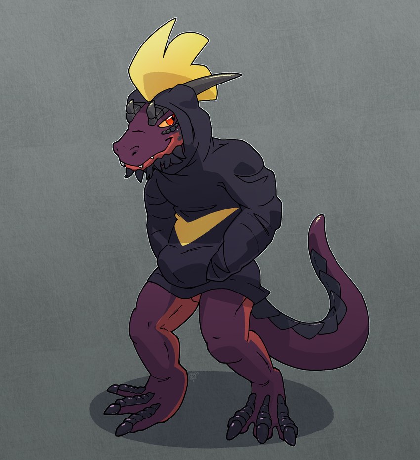 bottomless clothed clothing hands_in_both_pockets hoodie hoodie_only horn male partially_clothed solo tail topwear topwear_only argon_vile palworld pocketpair shadowdile kobold leezpunk lizard pal_(species) reptile scalie hi_res