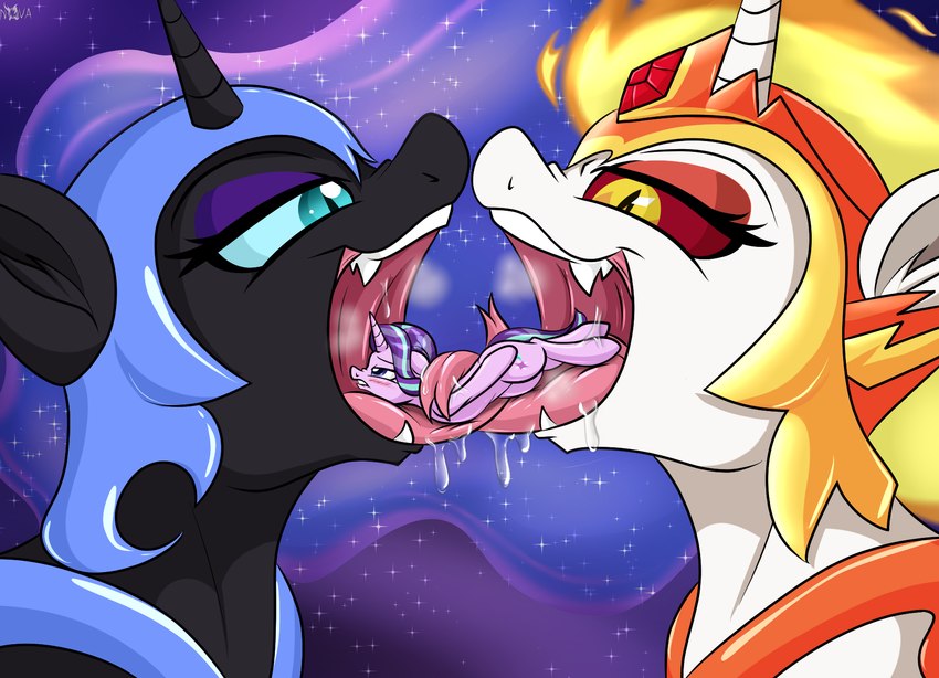 bodily_fluids cutie_mark extreme_size_difference fangs female feral fire flaming_hair group hair horn long_tongue macro micro mouth_shot multicolored_hair open_mouth oral_vore pseudo_hair saliva size_difference teeth tongue trio vore wings novaspark friendship_is_magic hasbro my_little_pony mythology daybreaker_(mlp) nightmare_moon_(mlp) starlight_glimmer_(mlp) equid equine mammal mythological_creature mythological_equine unicorn winged_unicorn digital_media_(artwork) hi_res