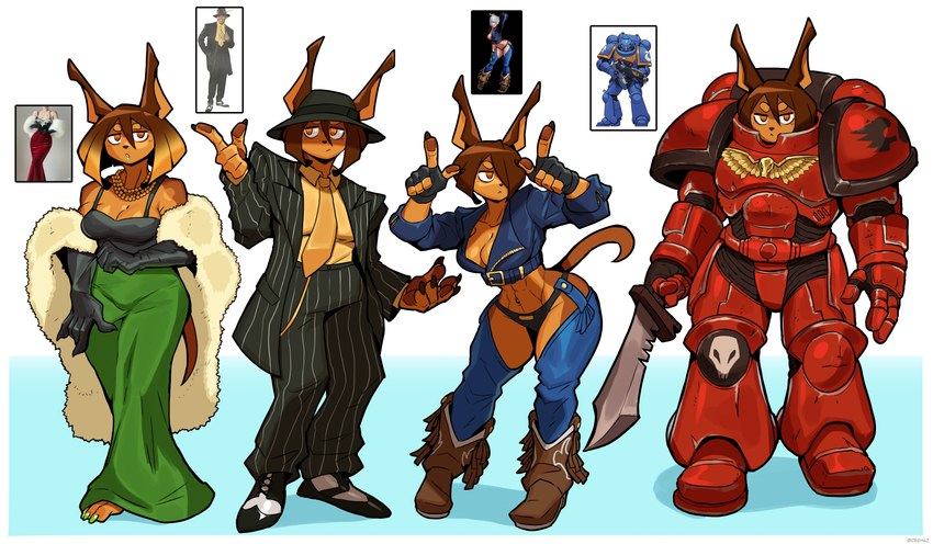 adeptus_astartes anthro armor armwear boots breasts brown_body brown_fur brown_hair cleavage clothed clothing cosplay cowboy_boots dress elbow_gloves fedora female fingerless_gloves footwear fur gloves hair handwear hat headgear headwear holding_melee_weapon holding_object holding_sword holding_weapon jewelry melee_weapon necklace necktie orange_eyes pinstripe_bottomwear pinstripe_clothing pinstripe_pants pinstripe_suit pinstripe_topwear pinstripes raised_finger red_armor shoes short_hair solo space_marine suit sword weapon ceehaz dog_knight_rpg king_of_fighters warhammer_(franchise) warhammer_40000 angel_(king_of_fighters) blood_angel rory_(ceehaz) canid canine canis dobermann domestic_dog mammal pinscher 2023 absurd_res hi_res