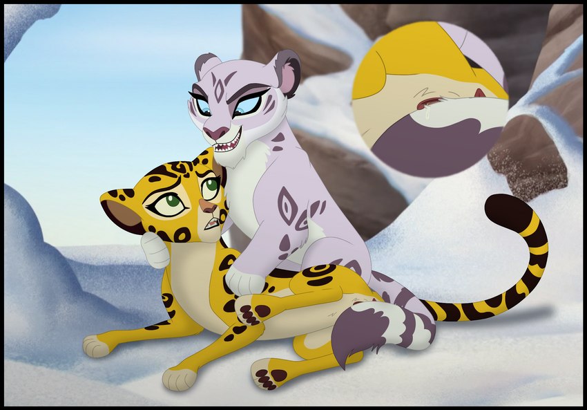 black_border blue_eyes bodily_fluids border countershading detailed_background duo female female/female feral feral_on_feral fur genital_fluids genitals green_eyes markings pink_body pink_fur pussy smile snow spots spotted_body spotted_fur white_body white_fur yellow_body yellow_fur kaion disney the_lion_guard the_lion_king chuluun fuli cheetah felid feline mammal pantherine snow_leopard 2022 hi_res