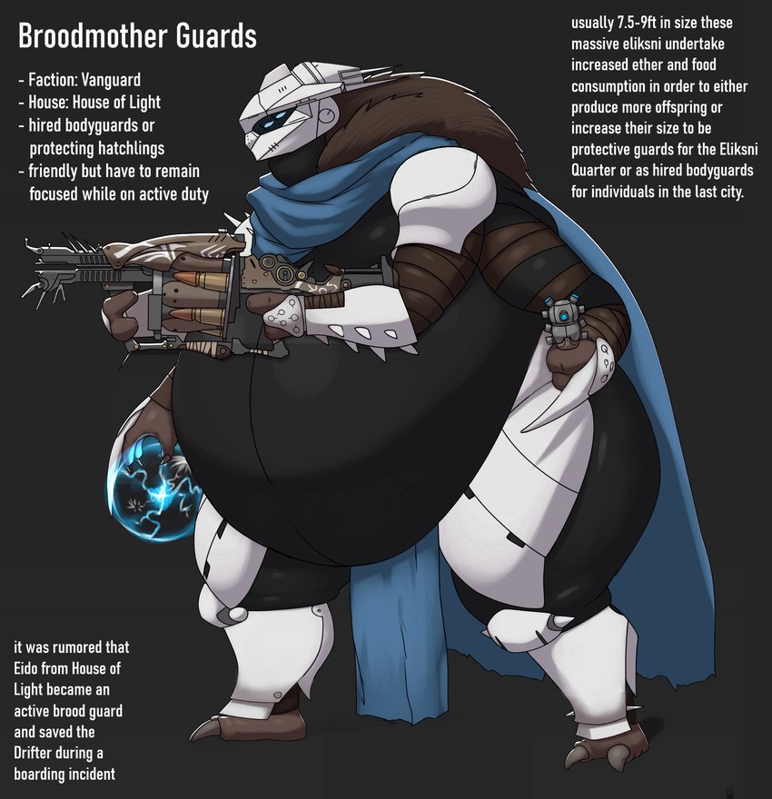 anthro armor barefoot belly big_belly big_butt blush breasts butt clothing fat_rolls feet female huge_belly huge_butt huge_hips hyper hyper_belly hyper_butt magic mature_female obese obese_female overweight overweight_female solo standing text thick_thighs tight_clothing weapon wide_hips vantablackbox destiny_(game) destiny_(video_game) destiny_2 alien arachnid arthropod eliksni humanoid insect spider english_text full-length_portrait hi_res portrait