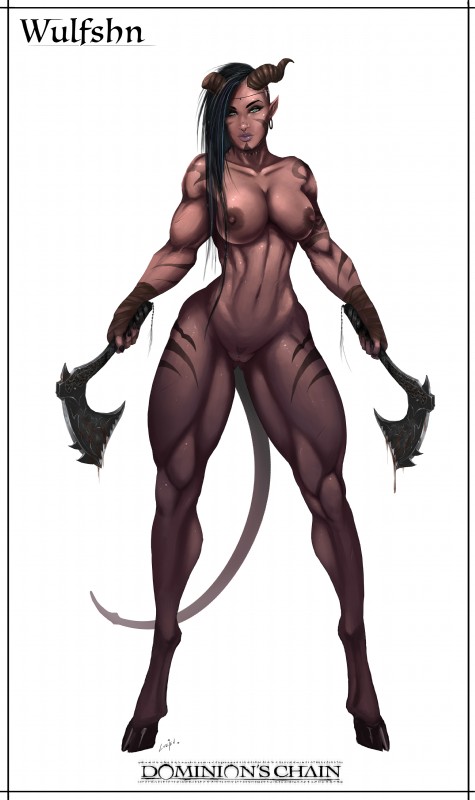 areola armor axe blood bodily_fluids breasts broken_horn cleavage clothed clothing female genitals horn melee_weapon nipples not_furry nude piercing pussy solo text unconvincing_armor weapon lucien wulfshn demon humanoid kazdruk absurd_res english_text hi_res