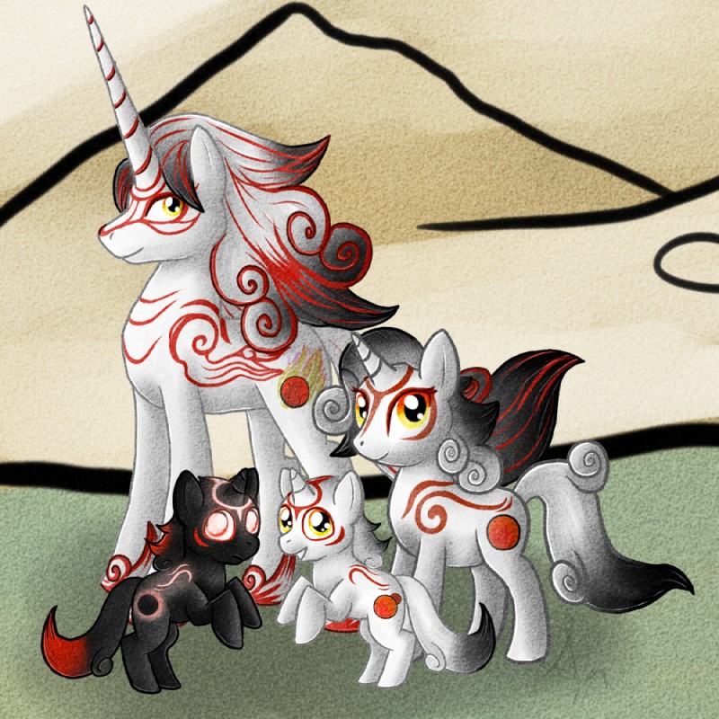 amaterasu, chibiterasu, dark chibiterasu, and shiranui (my little pony and etc) created by sinligereep