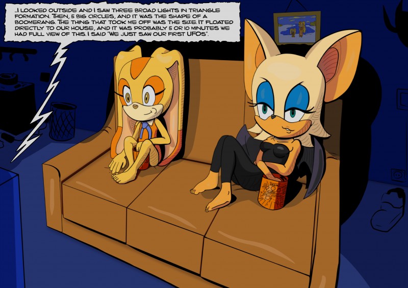 anthro barefoot clothed clothing duo eating electronics feet female food fully_clothed furniture popcorn sofa television text watching_television lecerf sega sonic_the_hedgehog_(series) cream_the_rabbit rouge_the_bat vanilla_the_rabbit lagomorph leporid mammal rabbit absurd_res english_text hi_res