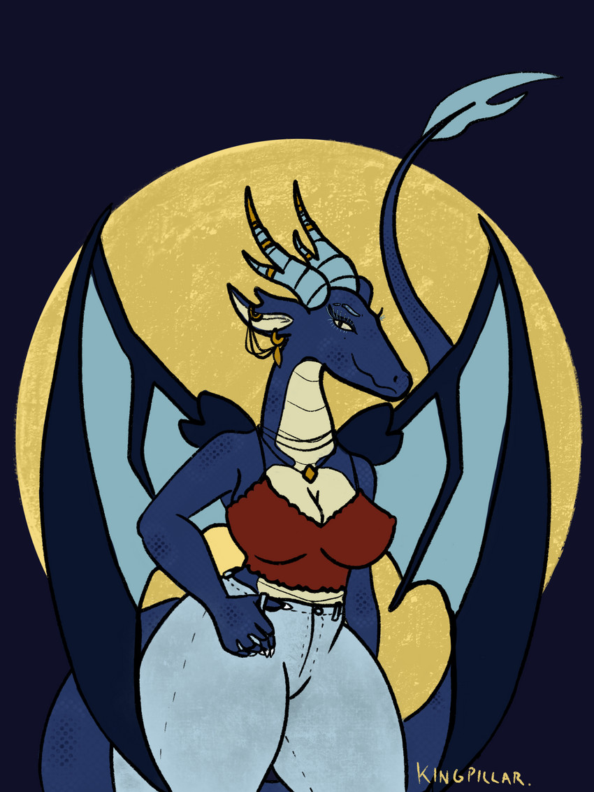 anthro blue_body blue_skin breasts cleavage clothed clothing crop_top ear_piercing female horn nipple_outline non-mammal_breasts piercing raised_tail shirt solo tail thick_thighs topwear wings kingpillar mythology dragon lizard mythological_creature mythological_scalie reptile scalie mia_(disambiguation) 3:4 hi_res mother_(lore) parent_(lore)