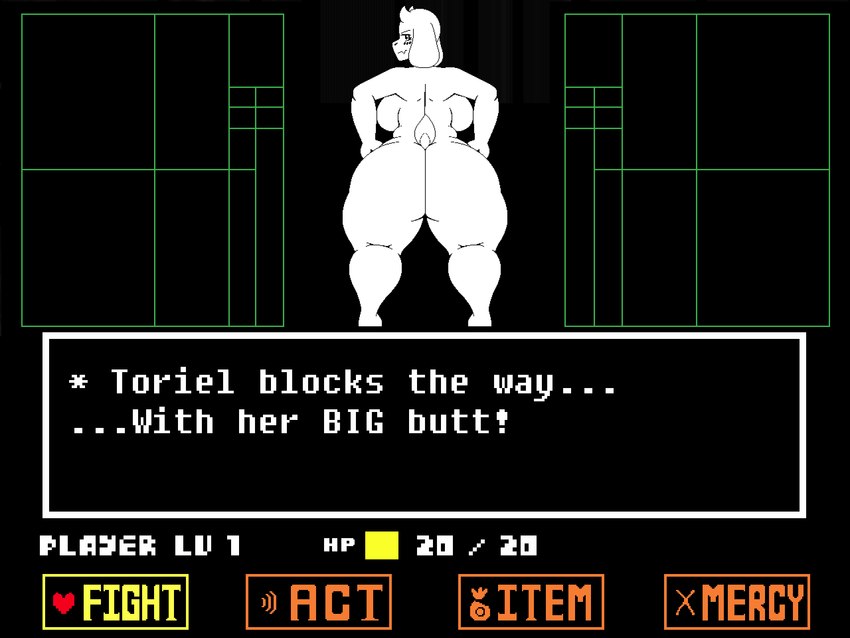 anthro big_breasts big_butt black_eyes blush breasts butt female fur gameplay_mechanics gui hands_on_hips health_bar heart_symbol looking_at_viewer looking_back nude short_tail solo standing tail text text_box thick_thighs white_body white_ears white_fur white_tail melomor undertale undertale_(series) toriel boss_monster_(undertale) bovid caprine goat mammal 2023 4:3 absurd_res digital_media_(artwork) english_text hi_res