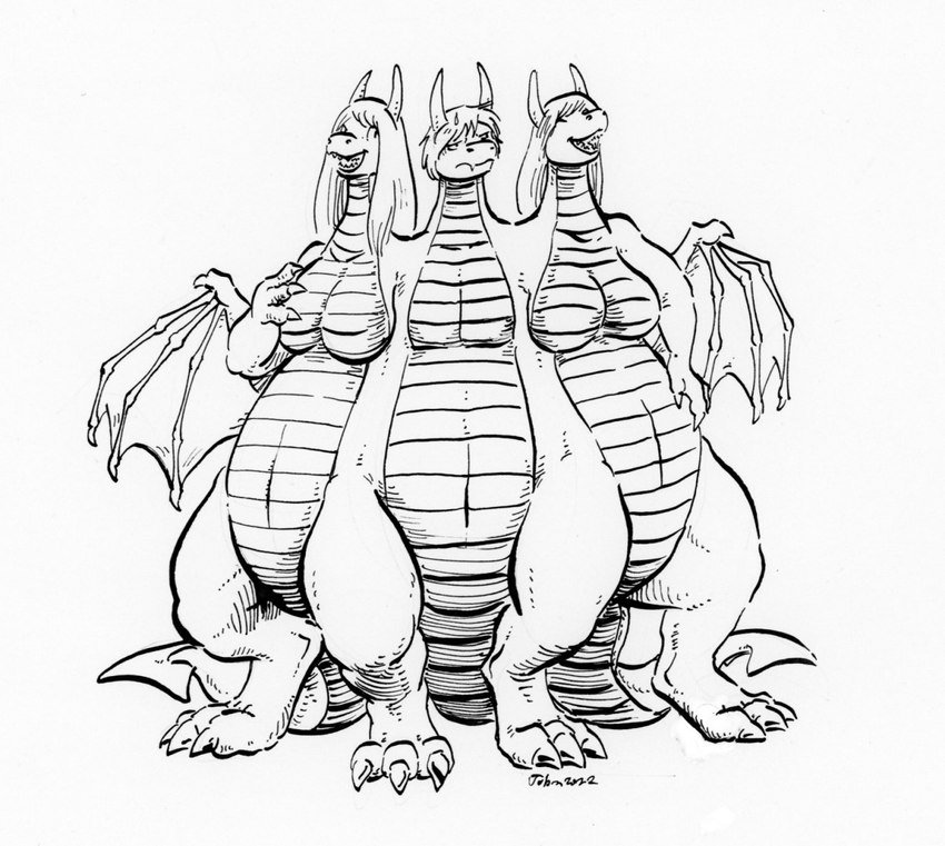 anthro conjoined female group multi_head multi_leg multi_limb multi_tail multifur tail trio cervelet mythology dragon mythological_creature mythological_scalie scalie monochrome herm_(lore)