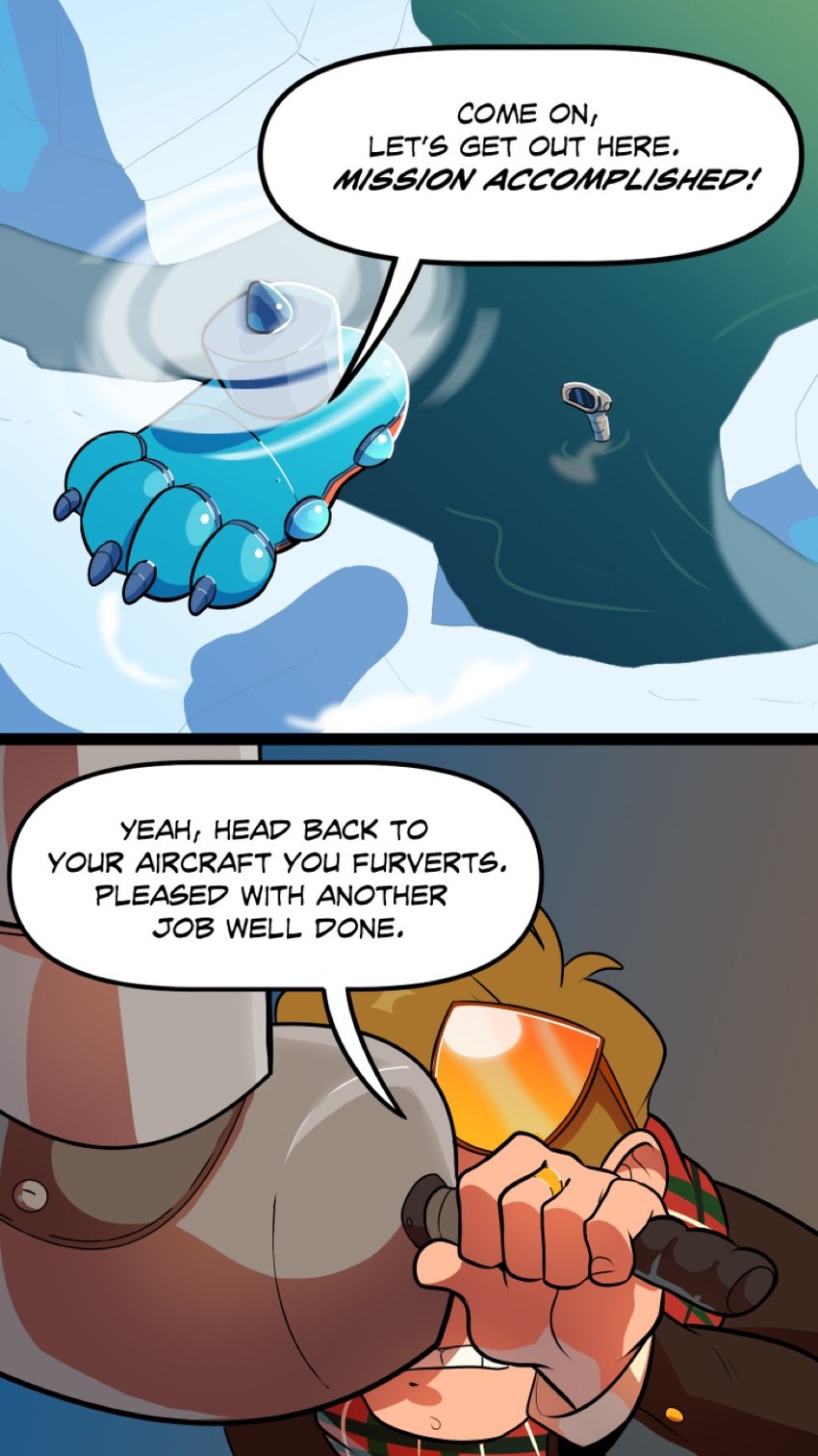 aircraft dialogue disembodied_foot eyewear feet glacier glasses helicopter human_only male not_furry pale_skin periscope solo speech_bubble spying submarine text vehicle water watercraft komoroshi_(artist) collegehumor furry_force rex_vivisector_(furry_force) human mammal 2019 comic english_text hi_res