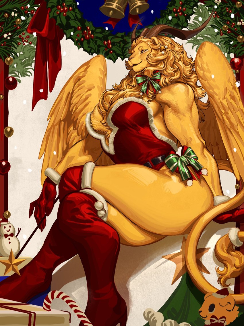 anthro bell big_pecs biped blonde_mane boots butt christmas_clothing clothed clothing crossdressing crossed_legs feathers footwear fur gift gloves handwear holidays holly_(plant) horn looking_at_viewer looking_down looking_down_at_viewer male male_anthro mane muscular muscular_anthro muscular_male pecs plant red_boots red_clothing red_footwear red_gloves red_handwear shoes sitting smile smiling_at_viewer snowman solo tail tail_tuft tuft yellow_body yellow_eyes yellow_feathers yellow_fur wshtichutu27302 christmas delicious_in_dungeon winged_lion_(delicious_in_dungeon) felid lion mammal pantherine 2024 3:4 digital_media_(artwork) hi_res