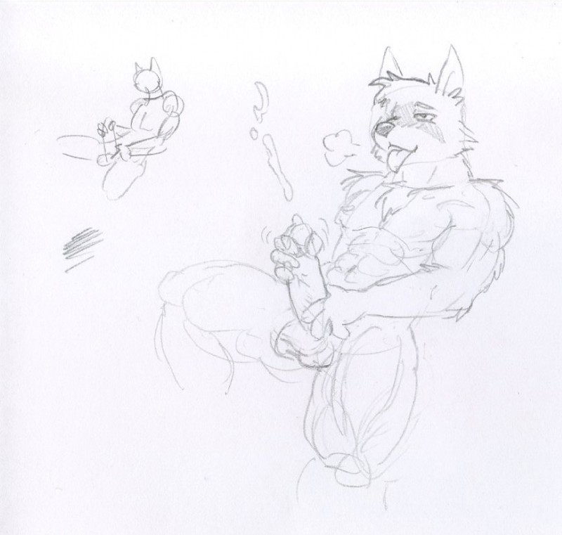 anthro balls blush bodily_fluids chest_tuft cum erection genital_fluids genitals humanoid_genitalia humanoid_penis male masturbation nude penile penile_masturbation penis simple_background solo tongue tongue_out tuft churgethoth latchkey_kingdom holden_(ridentem) canid canine fox mammal yuman monochrome traditional_media_(artwork)