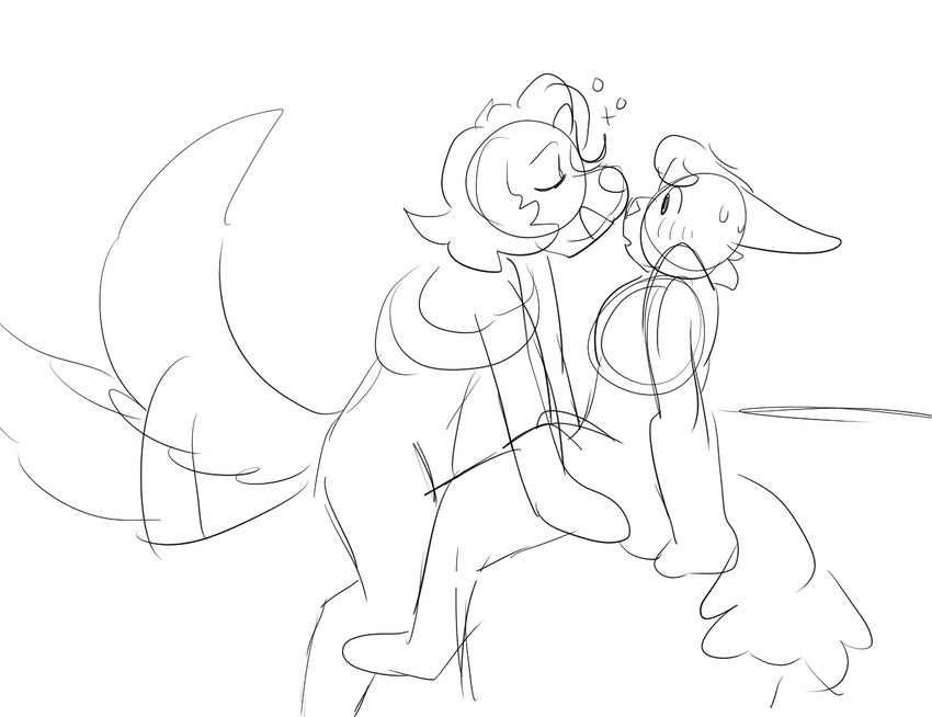 anthro bed blush drunk duo embarrassed female female/female furniture on_bed shy substance_intoxication tail tail_motion tailwag battycat charlotte_(battycat) sunny_(battycat) canid canine canis domestic_cat domestic_dog felid feline felis mammal monochrome sketch