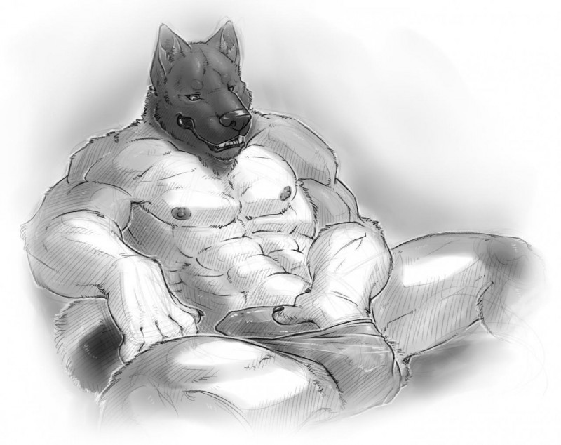 5_fingers abs anthro biceps biped briefs clothed clothing erection fingers front_view genitals lips male muscular muscular_anthro muscular_male nipples pecs penis penis_poking_out sitting snout solo spread_legs spreading teeth topless underwear neodokuro hurst akita canid canine canis domestic_dog mammal spitz 2010 digital_media_(artwork) greyscale monochrome