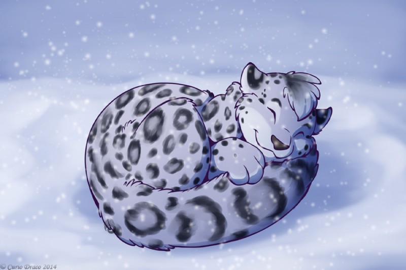 ambiguous_gender feral fur hair happy markings nude sleeping smile snow snowing solo spots spotted_body spotted_fur curiodraco mars_(thequeenofmars) felid mammal pantherine snow_leopard 2014 signature