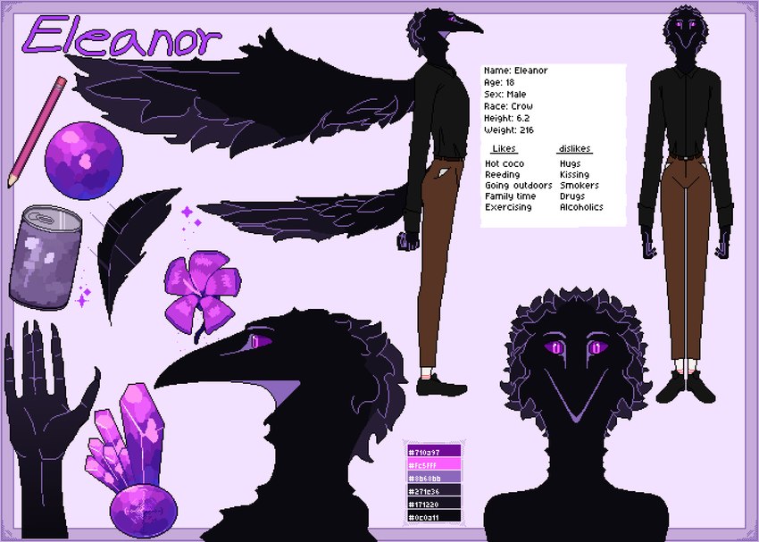 anthro ball black_body clothed clothing feathers flower hair long_hair male pencil plant purple_body purple_eyes purple_flower simple_background soda_cup solo tail tall text wings mertvykhcrows avian bird corvid corvus_(genus) crow oscine passerine digital_media_(artwork) english_text hi_res pixel_(artwork)