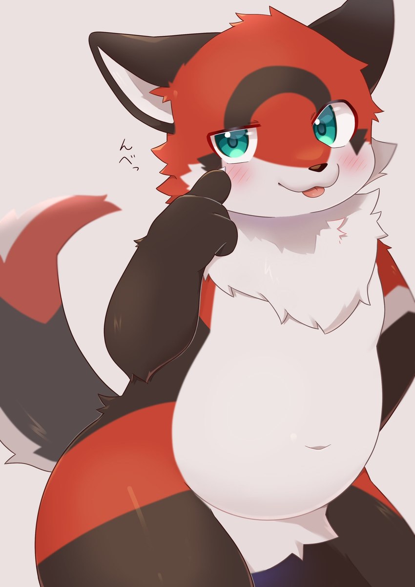 anthro black_body black_ears black_facial_markings black_fur blush blush_lines countershading crotch_tuft featureless_crotch fur glistening glistening_body glistening_eyes green_eyes hand_behind_back kemono male multicolored_body narrowed_eyes navel neck_tuft red_body red_fur slightly_chubby teasing three-quarter_view tongue tongue_out tuft white_body white_countershading white_fur young young_anthro young_male iryu_km production_taiikukan mag_(mag_asst) canid canine fox mammal 2023 digital_media_(artwork) hi_res portrait three-quarter_portrait