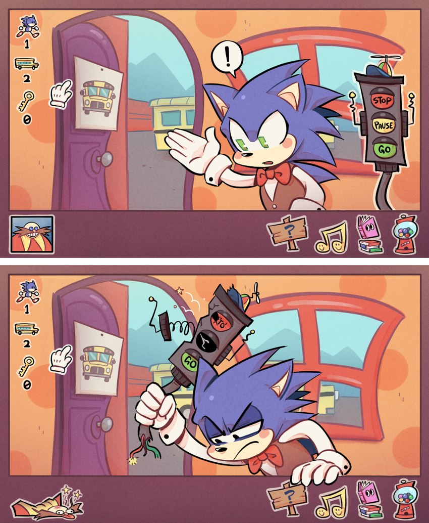 5_fingers anthro blue_body door exclamation_point fingers gui male musical_note musical_symbol question_mark symbol traffic_light window z-t00n sega sonic's_schoolhouse sonic_the_hedgehog_(series) dr._eggman sonic_the_hedgehog eulipotyphlan hedgehog mammal hi_res