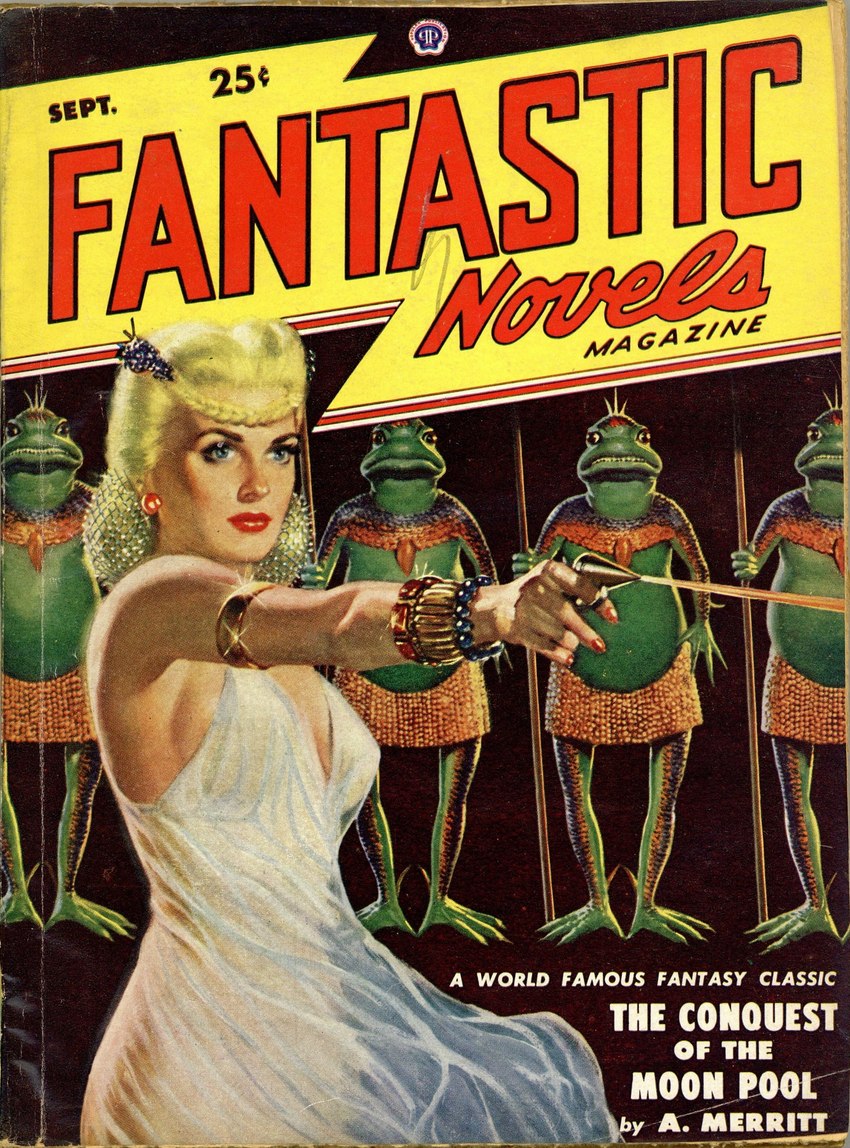 anthro armband black_eyes blonde_hair blue_eyes bottomwear bracelet breasts cleavage clothed clothing collar dress female group hair jewelry kilt male pulp_cover ranged_weapon raygun side_boob staff text translucent translucent_clothing weapon lawrence_sterne_stevens fantastic_novels_magazine the_moon_pool yolara amphibian frog human mammal 1948 20th_century absurd_res ancient_art english_text hi_res