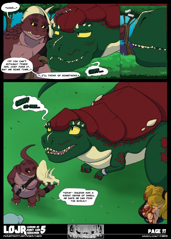 anthro blood bodily_fluids breasts clothed clothing dialogue female feral group male outside text yawg legend_of_jenny_and_renamon metroid nintendo star_fox drudgegut galdon samus_aran dinosaur human lizard mammal prehistoric_species reptile scalie sharpclaw_(star_fox) comic crossover english_text hi_res url