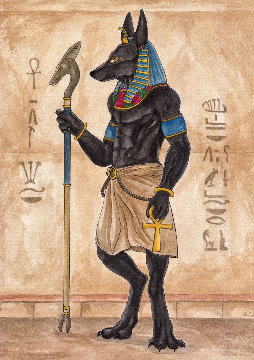 abs ankh anthro black_body black_nose clothed clothing ear_piercing ear_ring empty_eyes holding_object holding_staff male mouth_closed piercing ring_piercing solo staff standing kola_(artist) egyptian_mythology middle_eastern_mythology mythology anubis canid canine canis deity jackal mammal full-length_portrait hi_res portrait traditional_media_(artwork)