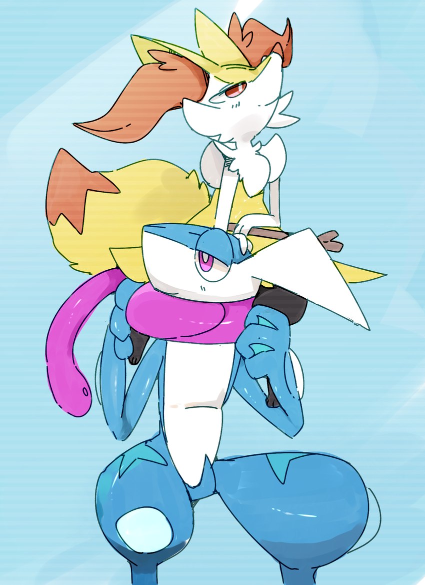 ambiguous_gender anthro blue_body duo fur inner_ear_fluff simple_background sitting_on_shoulders stick tuft yellow_body yellow_fur winte nintendo pokemon amphibian braixen canid canine frog generation_6_pokemon greninja mammal pokemon_(species) hi_res