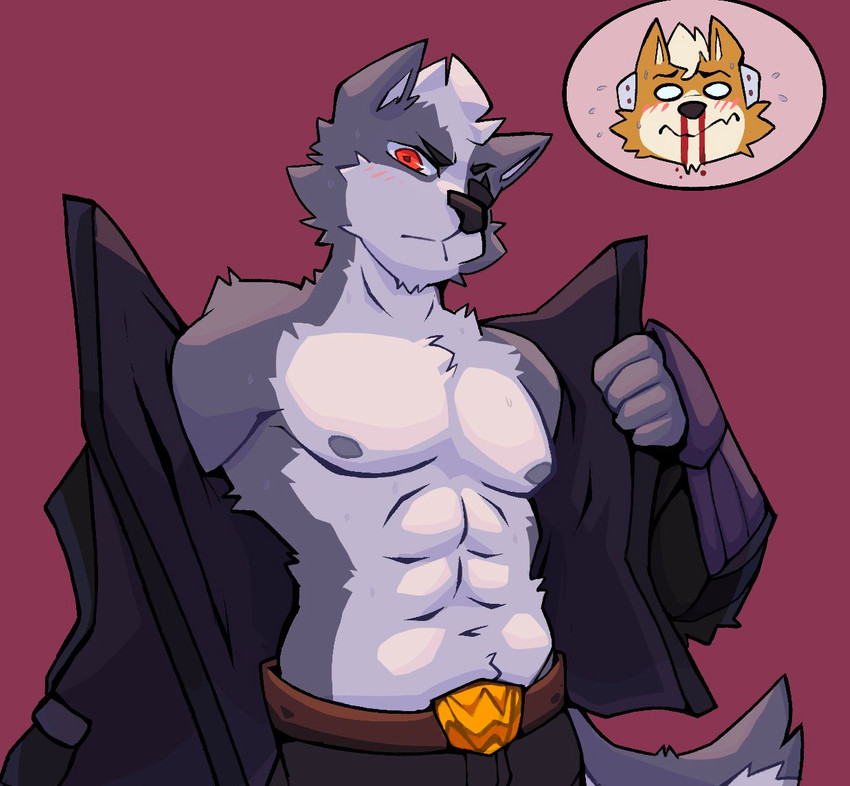 5_fingers abs anime_nosebleed anthro biped blood blush bodily_fluids clothed clothing confusion duo eye_patch eyebrows eyewear fingers fur grey_body grey_fur grey_tail hair looking_at_another looking_at_viewer male male/male multicolored_body multicolored_fur muscular muscular_male navel nipples nosebleed orange_body orange_fur pecs red_eyes simple_background sweat tail two_tone_body two_tone_fur two_tone_tail undressing white_body white_fur white_tail rygel_spkb nintendo star_fox fox_mccloud wolf_o'donnell canid canine canis fox mammal wolf