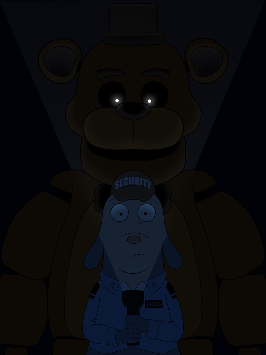 anthro behind_another black_bow_tie black_clothing black_eyes black_hat black_headwear black_nose black_sclera black_top_hat blue_bottomwear blue_clothing blue_pants blue_shirt blue_topwear blue_uniform bottomwear bow_tie brown_body brown_ears brown_fur clothing darkness duo flashlight front_view fur glistening glistening_eyes hat headgear headwear holding_flashlight holding_object looking_at_another machine male multicolored_body pants red_nose security security_guard shirt size_difference standing text text_on_clothing text_on_hat text_on_headwear top_hat topwear two_tone_body uniform white_eyes itsme_hilo five_nights_at_freddy's robot_dreams scottgames dog_(robot_dreams) freddy_(fnaf) animatronic bear canid canine canis domestic_dog mammal robot robot_anthro 2024 3:4 absurd_res crossover digital_media_(artwork) hi_res