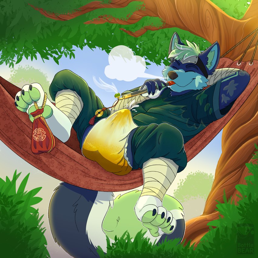 bodily_fluids clothed clothing cum cum_in_diaper diaper drugs genital_fluids hammock ninja paws pipe plant relaxing smoke tree unclean_diaper urine warrior wearing_diaper bottlebear canid canine canis mammal wolf absurd_res hi_res