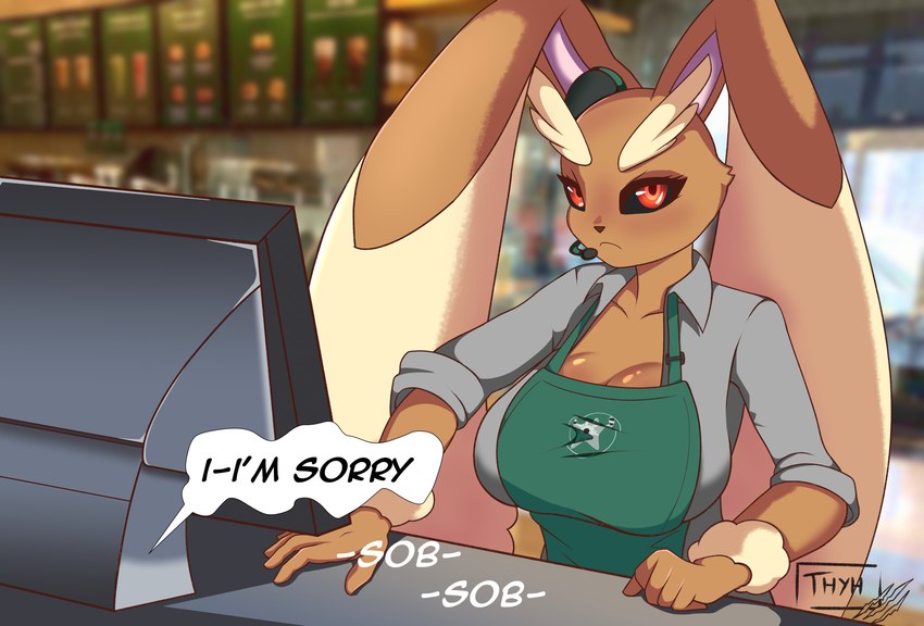 anthro apron big_breasts breasts brown_body brown_fur clothed clothing dialogue electronics female fur headgear headphones headset solo text thyhsilverfeet nintendo pokemon generation_4_pokemon lopunny pokemon_(species) absurd_res english_text hi_res