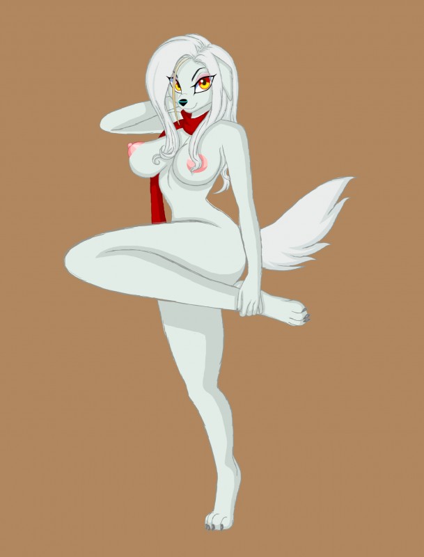 anthro areola breasts eyeshadow female fur hair long_hair long_legs makeup nipples nude on_one_leg pose scarf smile solo standing white_body white_fur yellow_eyes cocaine-leopard conditional_dnp roadside_romeo laila_(roadside_romeo) canid canine canis domestic_dog mammal absurd_res hi_res pinup