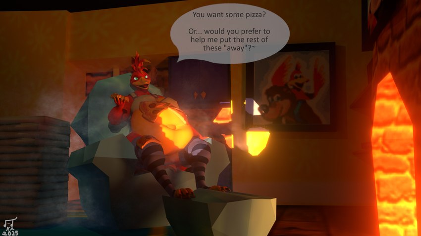 afternoon anthro belly big_belly bra chair clothing female fireplace food food_on_belly food_on_body footwear furniture holding_food holding_object musk obese obese_anthro on_chair overweight overweight_anthro pizza sitting sitting_on_chair socks solo text underwear rayana_rezaque warfaremachine_(modeler) banjo-kazooie rareware banjo_(banjo-kazooie) kazooie 16:9 2025 3d_(artwork) blender_(artwork) digital_media_(artwork) english_text hi_res widescreen