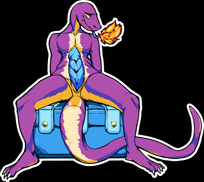 anthro claws fangs fire genitals male multicolored_body penis presenting presenting_penis purple_body purple_skin sitting solo spread_legs spreading teeth toe_claws tongue tongue_out two_tone_body tanakagundam risk_of_rain lemurian reptile scalie alpha_channel hi_res