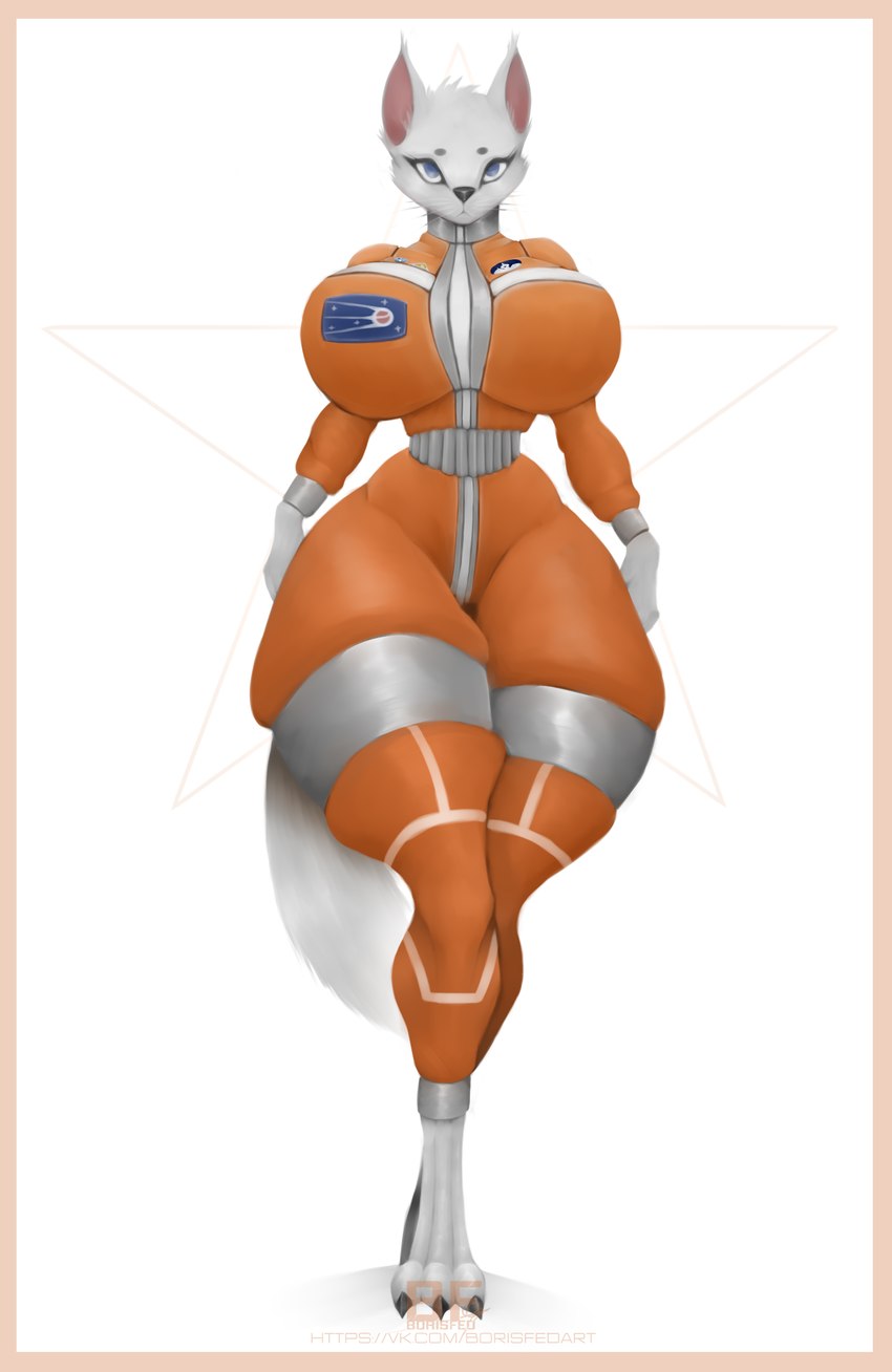 anthro big_breasts blue_eyes border breasts female fluffy fluffy_tail fur looking_at_viewer orange_border solo tail thick_thighs white_body white_fur wide_hips borisfed space_dogs belka canid canine canis domestic_dog mammal hi_res